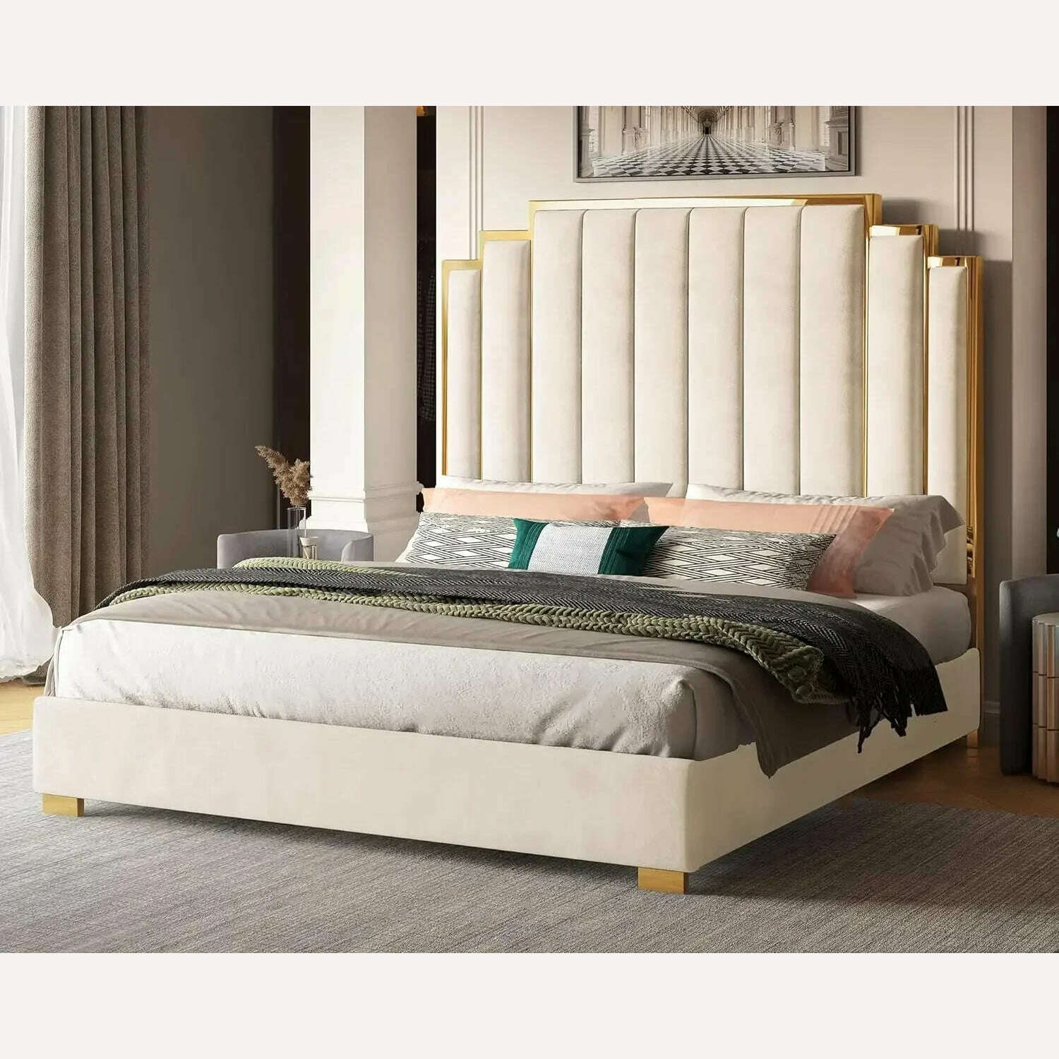 Queen Size Bed Frame, 61.4" Velvet Upholstered Beds with Gold Trim Headboard/No Box Spring Needed, Queen Size Bed Frame - KIMLUD