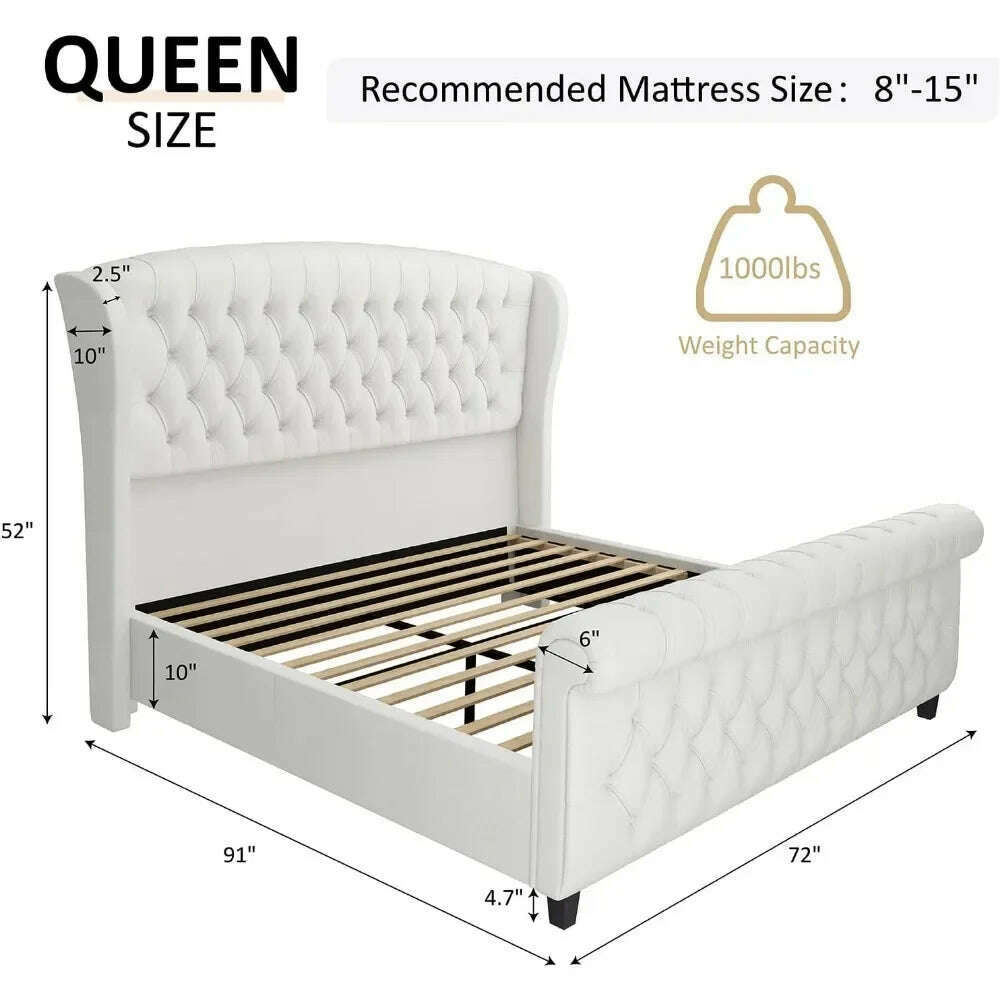 Queen Size Bed Frame, Chenille Upholstered Sleigh Bed with Scroll Wingback Headboard & Footboard/Button Tufted, Queen Bed Frame - KIMLUD