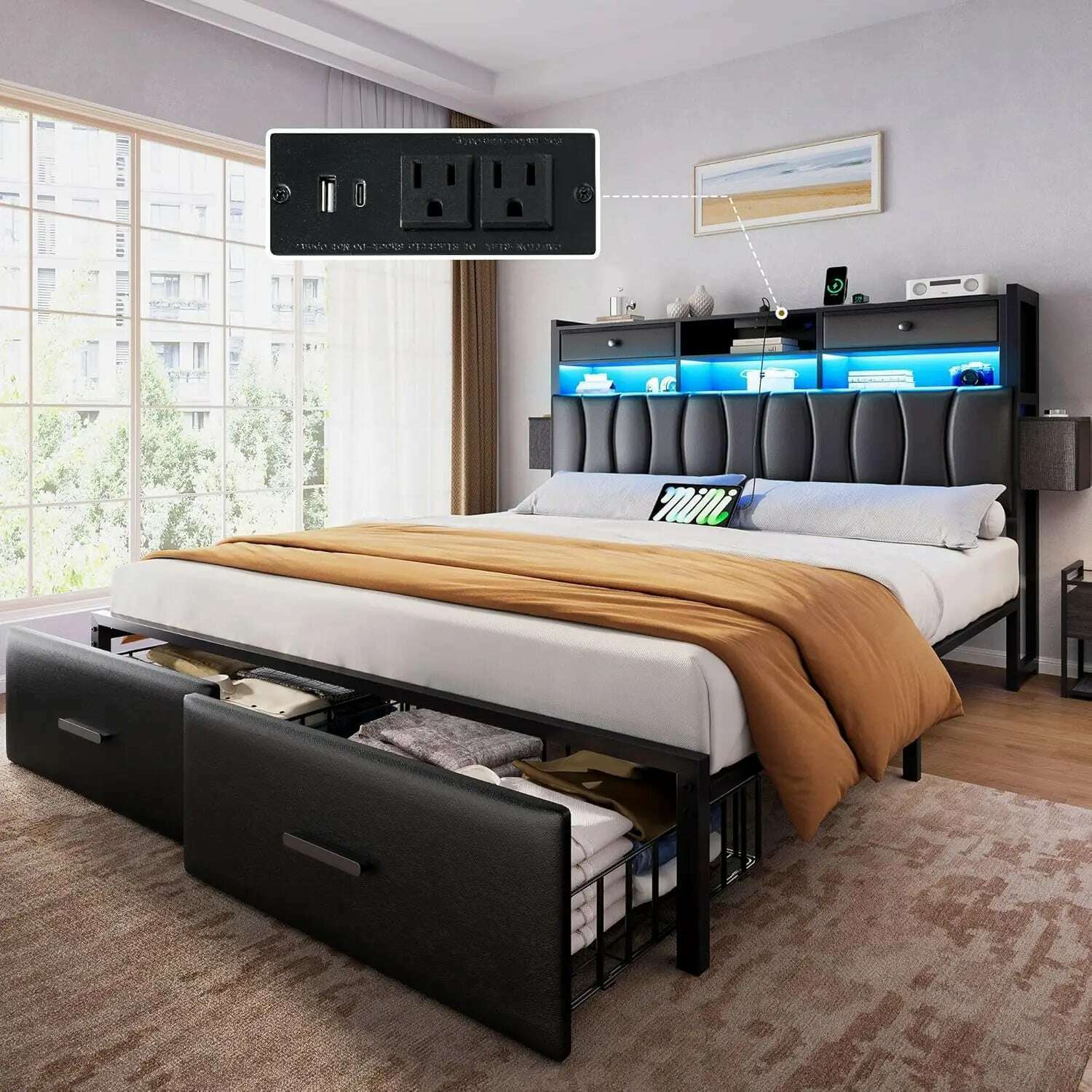 KIMLUD, Queen Size Bed Frame with 2 Storage Drawers and Charging Station, Upholstered Platform Bed with Storage Headboard and LED Light, KIMLUD Womens Clothes