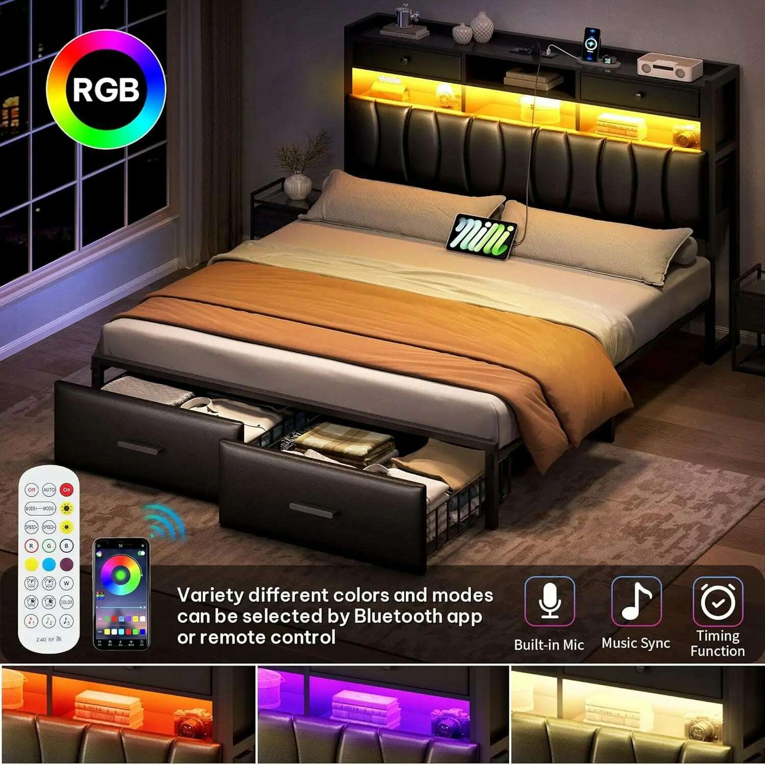 KIMLUD, Queen Size Bed Frame with 2 Storage Drawers and Charging Station, Upholstered Platform Bed with Storage Headboard and LED Light, KIMLUD Womens Clothes