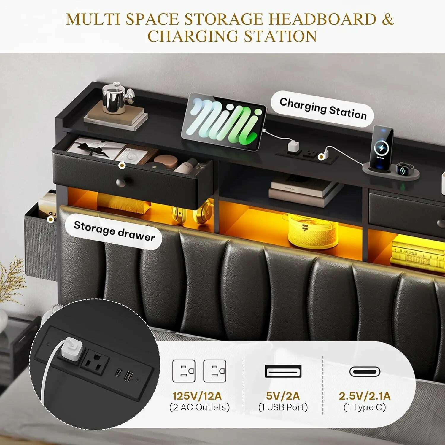 KIMLUD, Queen Size Bed Frame with 2 Storage Drawers and Charging Station, Upholstered Platform Bed with Storage Headboard and LED Light, KIMLUD Womens Clothes