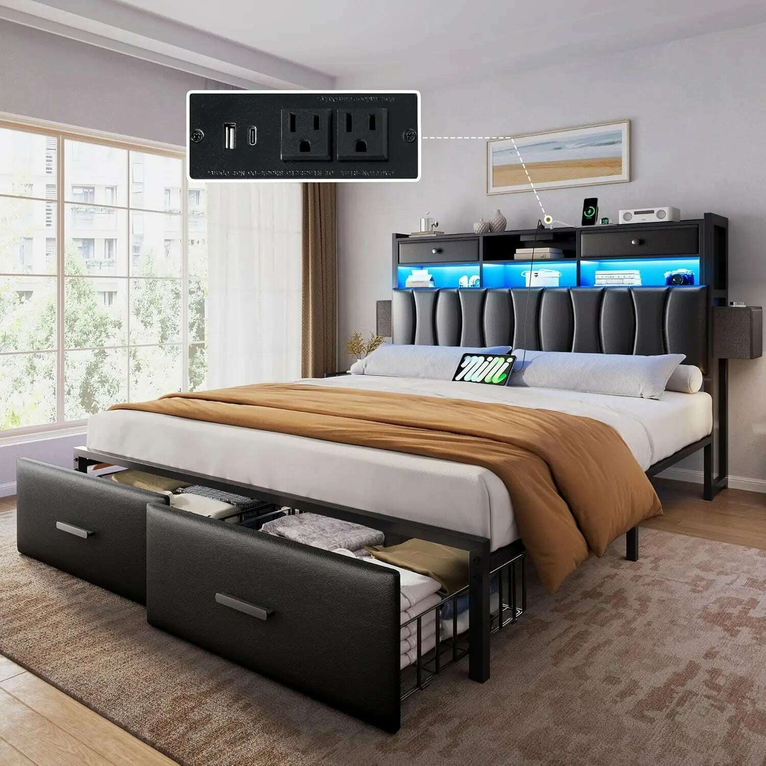 KIMLUD, Queen Size Bed Frame with 2 Storage Drawers and Charging Station, Upholstered Platform Bed with Storage Headboard and LED Light, Black / United States / Queen, KIMLUD APPAREL - Womens Clothes