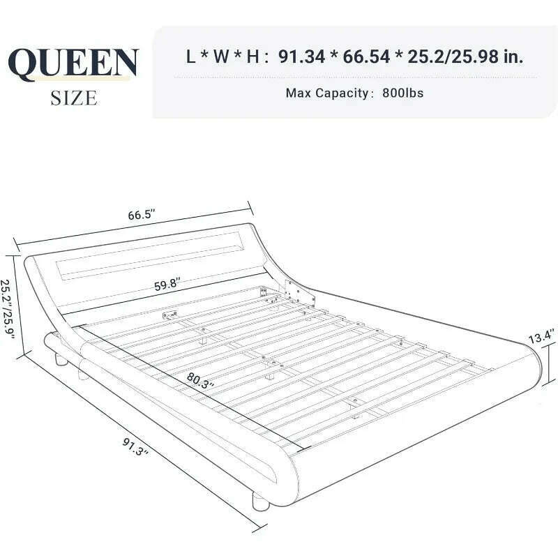 KIMLUD, Queen Size LED Platform Bed Frame with Adjustable Headboard/No Box Spring Need/Easy Assembly/Faux Leather in Black, KIMLUD Womens Clothes