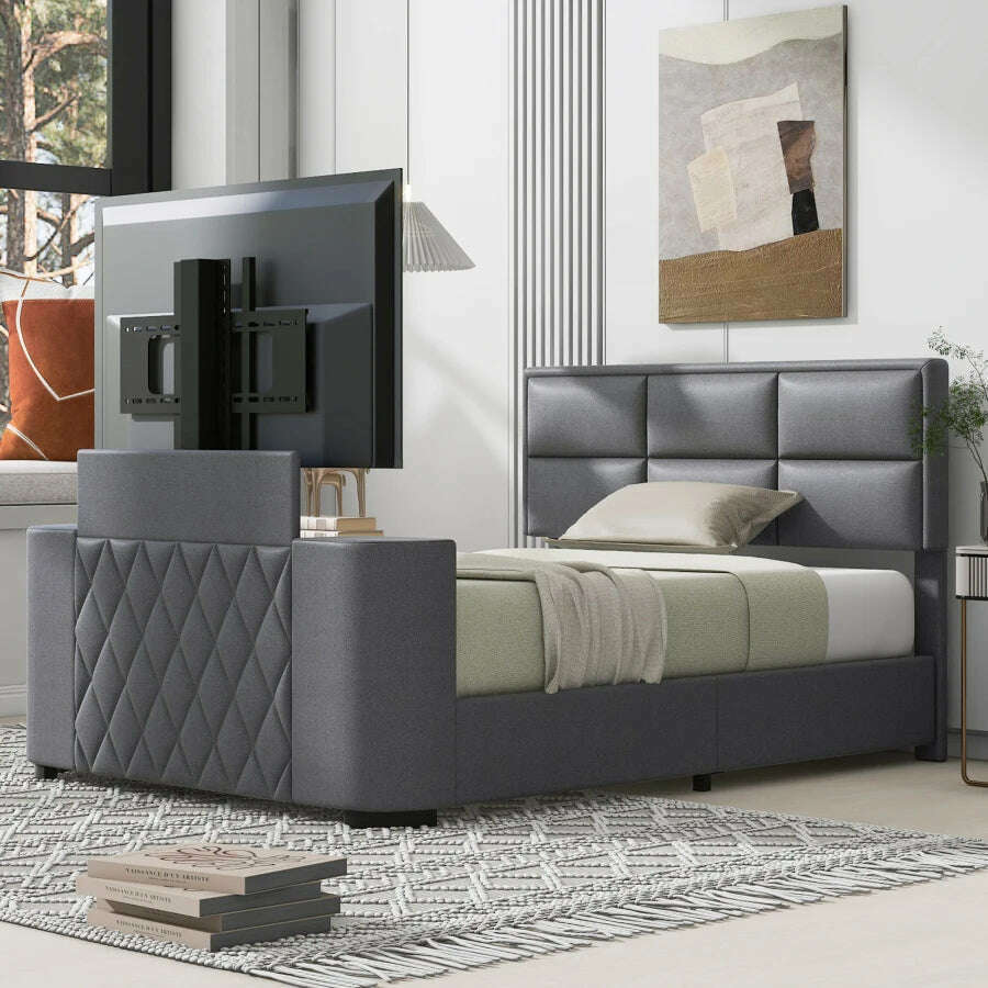 Queen Size Modern Upholstery TV Platform Bed Frame with Height- adjustable Headboard and Support Legs, with Rotating TV Mount - KIMLUD