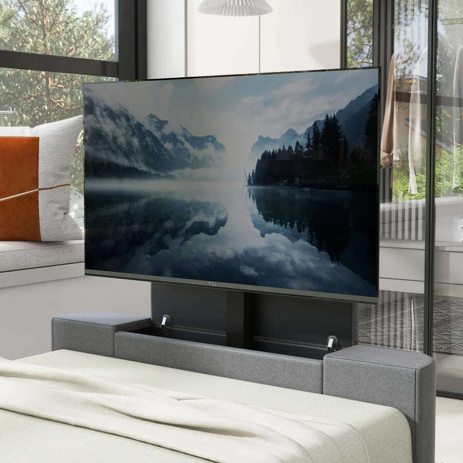 Queen Size Modern Upholstery TV Platform Bed Frame with Height- adjustable Headboard and Support Legs, with Rotating TV Mount - KIMLUD