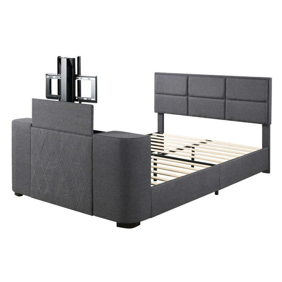 Queen Size Modern Upholstery TV Platform Bed Frame with Height- adjustable Headboard and Support Legs, with Rotating TV Mount - KIMLUD