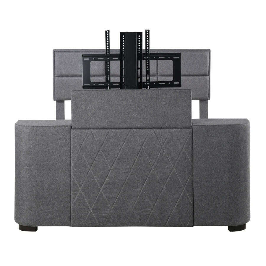 Queen Size Modern Upholstery TV Platform Bed Frame with Height- adjustable Headboard and Support Legs, with Rotating TV Mount - KIMLUD