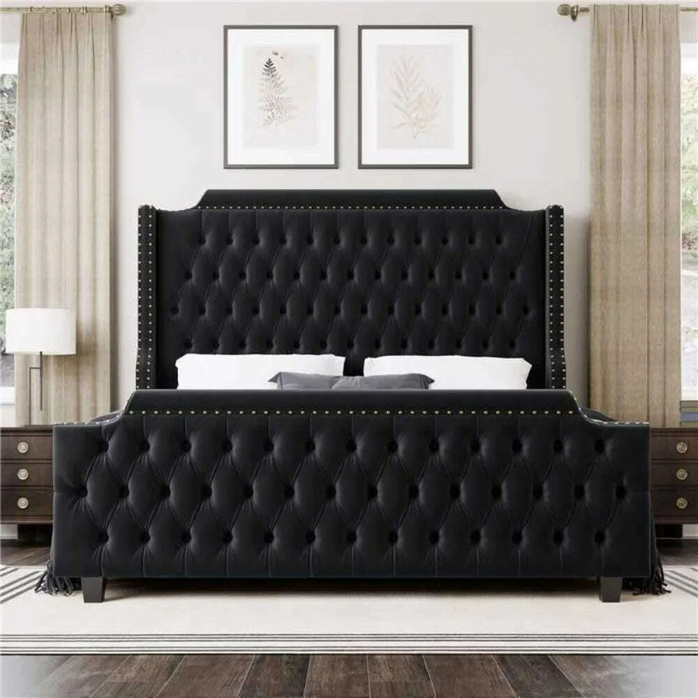 KIMLUD, Queen Size Platform Bed Frame with 54" Tall Wingback Headboard & Deep Button Tufted Footboard, Velvet Upholstered Bed Frame, KIMLUD Womens Clothes