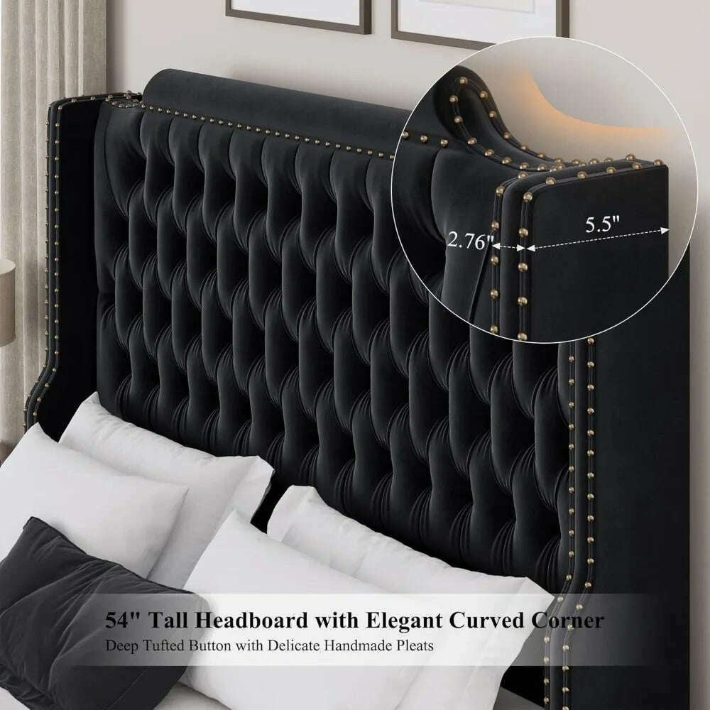 KIMLUD, Queen Size Platform Bed Frame with 54" Tall Wingback Headboard & Deep Button Tufted Footboard, Velvet Upholstered Bed Frame, KIMLUD Womens Clothes