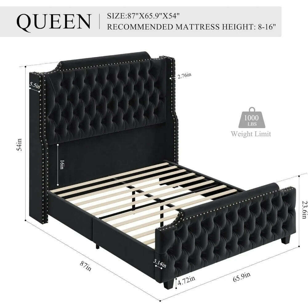 KIMLUD, Queen Size Platform Bed Frame with 54" Tall Wingback Headboard & Deep Button Tufted Footboard, Velvet Upholstered Bed Frame, KIMLUD Womens Clothes