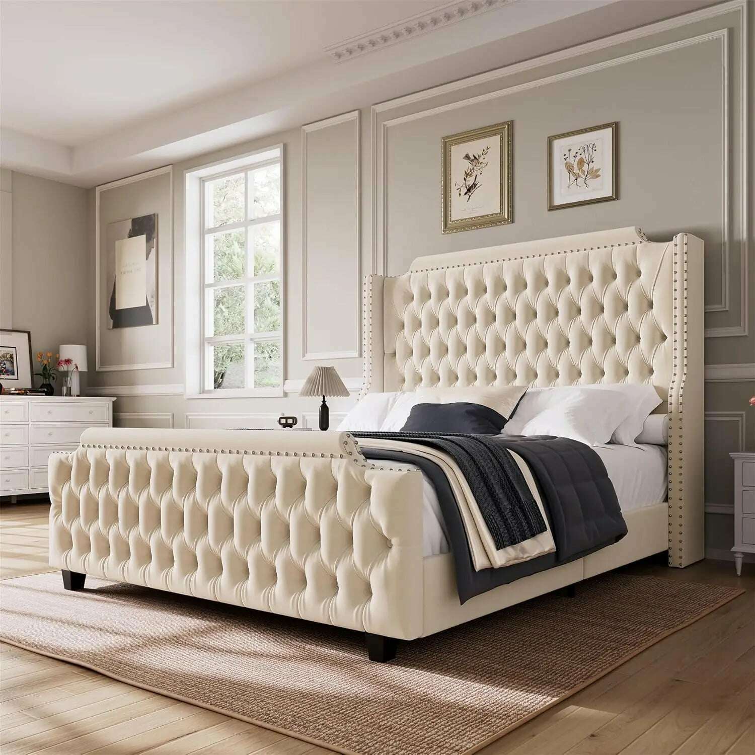 KIMLUD, Queen Size Platform Bed Frame with 54" Tall Wingback Headboard & Deep Button Tufted Footboard, Velvet Upholstered Bed Frame, Cream / United States / King, KIMLUD APPAREL - Womens Clothes