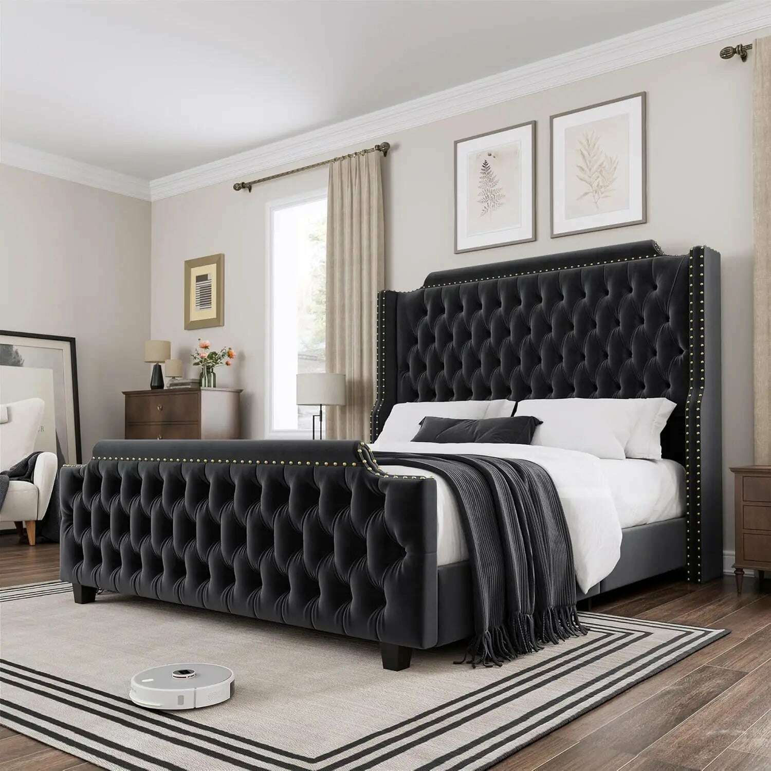 KIMLUD, Queen Size Platform Bed Frame with 54" Tall Wingback Headboard & Deep Button Tufted Footboard, Velvet Upholstered Bed Frame, Black / United States / Queen, KIMLUD APPAREL - Womens Clothes