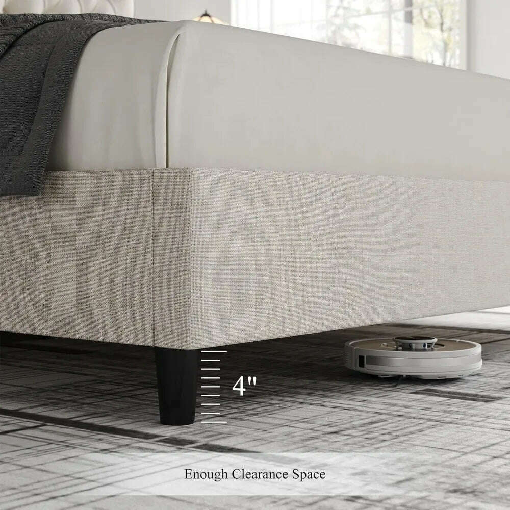 KIMLUD, Queen Size Platform Bed Frame with 55" Tall Curved Headboard, Linen Modern Upholstered Frame with Deep Tufted Button Black/Beige, KIMLUD Womens Clothes