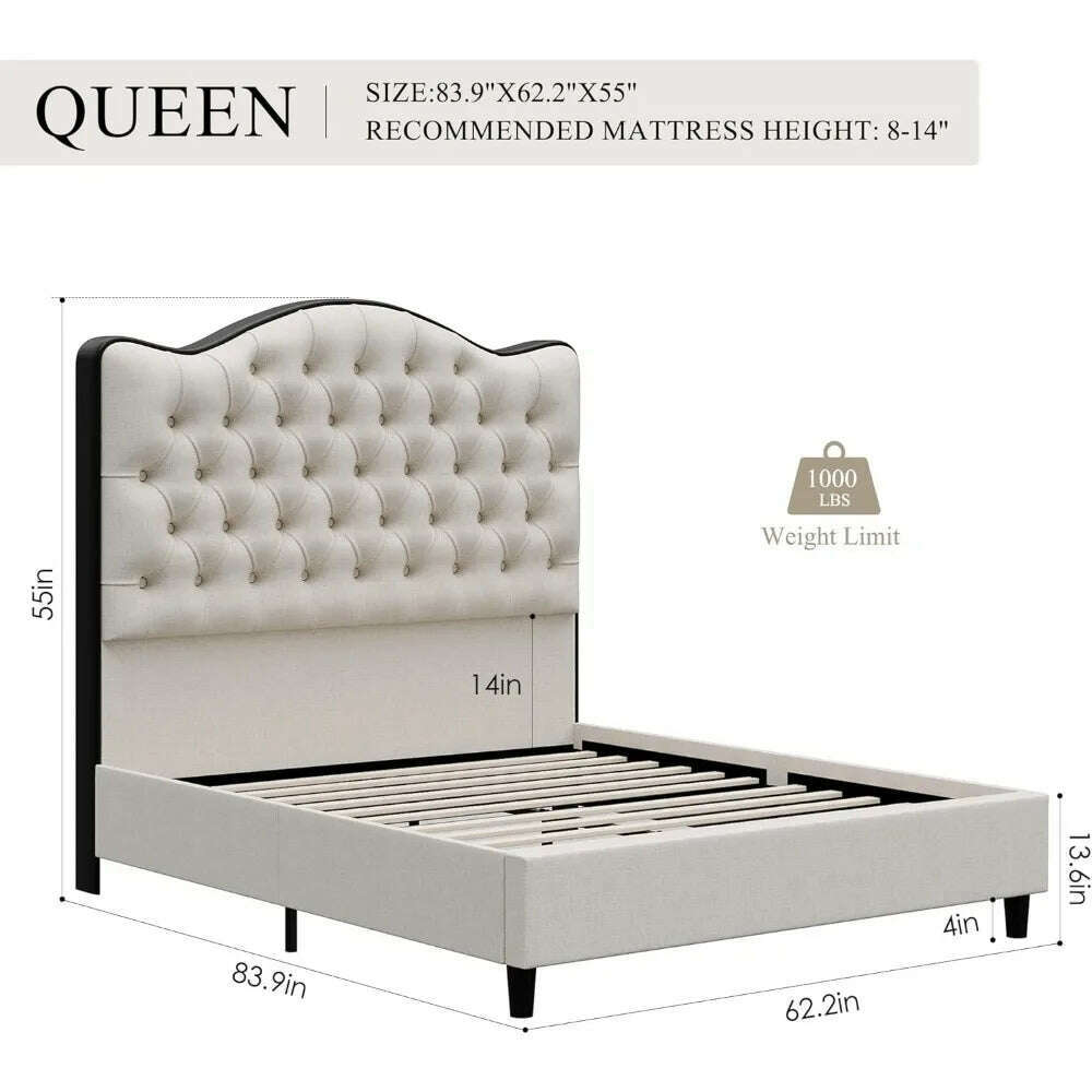 KIMLUD, Queen Size Platform Bed Frame with 55" Tall Curved Headboard, Linen Modern Upholstered Frame with Deep Tufted Button Black/Beige, KIMLUD Womens Clothes