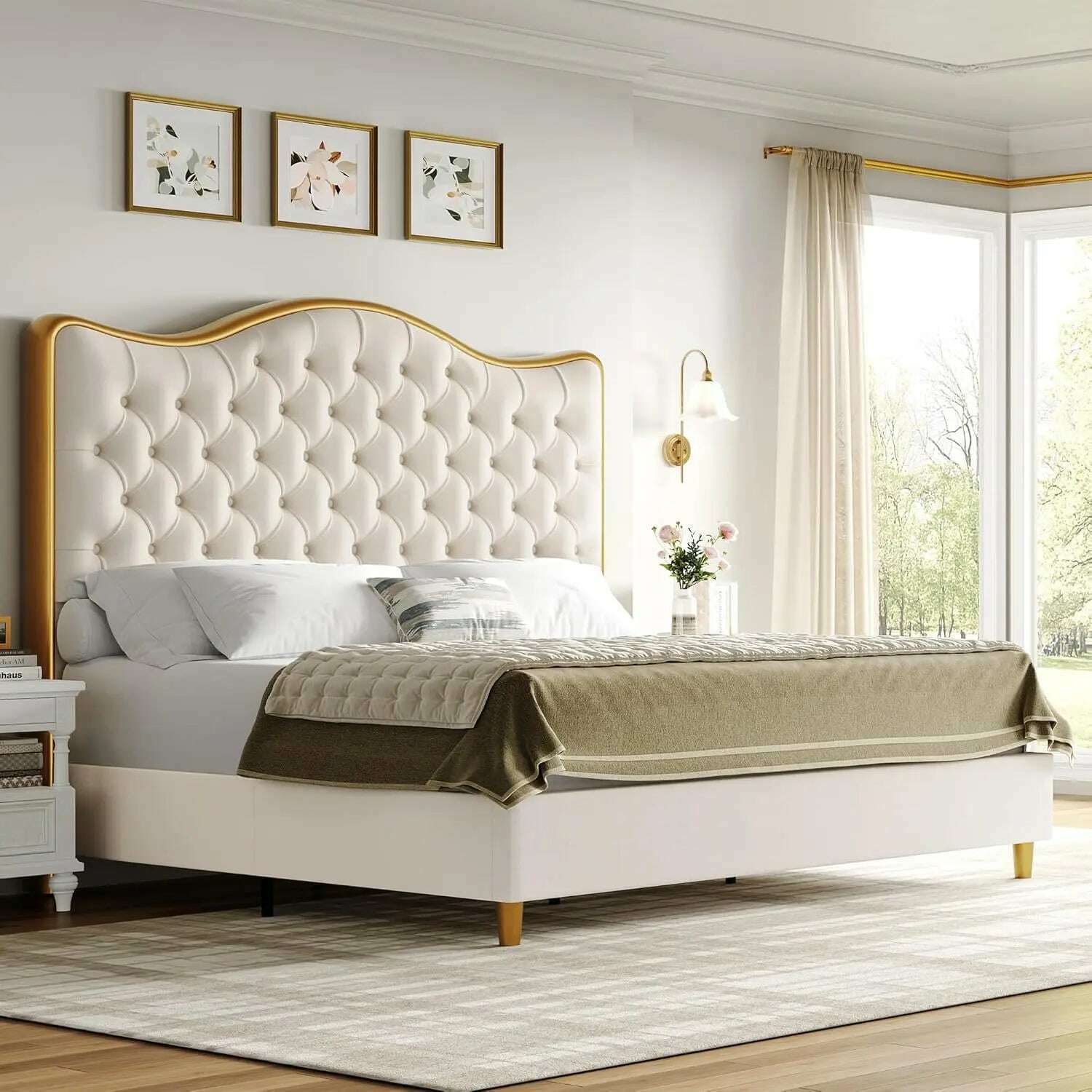 KIMLUD, Queen Size Platform Bed Frame with 55" Tall Curved Headboard, Linen Modern Upholstered Frame with Deep Tufted Button Black/Beige, Golden Cream / United States / King, KIMLUD APPAREL - Womens Clothes