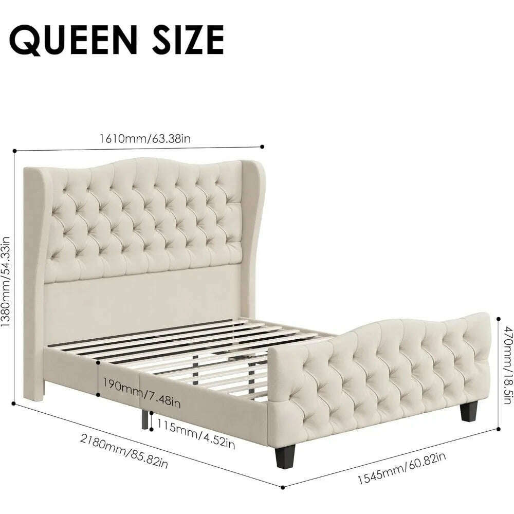 KIMLUD, Queen Size Tall Platform Bed Frame with Wingback Headboard and Footboard,Velvet Upholstered Bed Frame,No Box Spring Needed, KIMLUD Womens Clothes