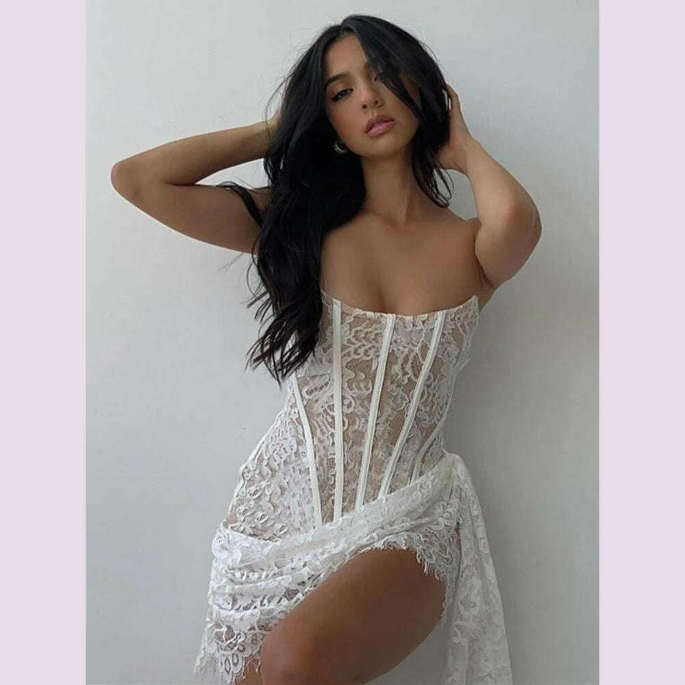 KIMLUD, QWEEK 2024 Sexy Y2k Lace White Bodycon Party Dresses Evening Off Shoulder Short Wrap Slim Skinny Mini Dress Women Spring, KIMLUD Womens Clothes