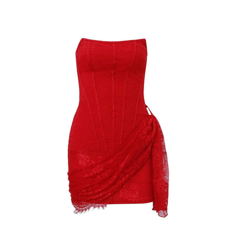KIMLUD, QWEEK 2024 Sexy Y2k Lace White Bodycon Party Dresses Evening Off Shoulder Short Wrap Slim Skinny Mini Dress Women Spring, Red / L, KIMLUD APPAREL - Womens Clothes