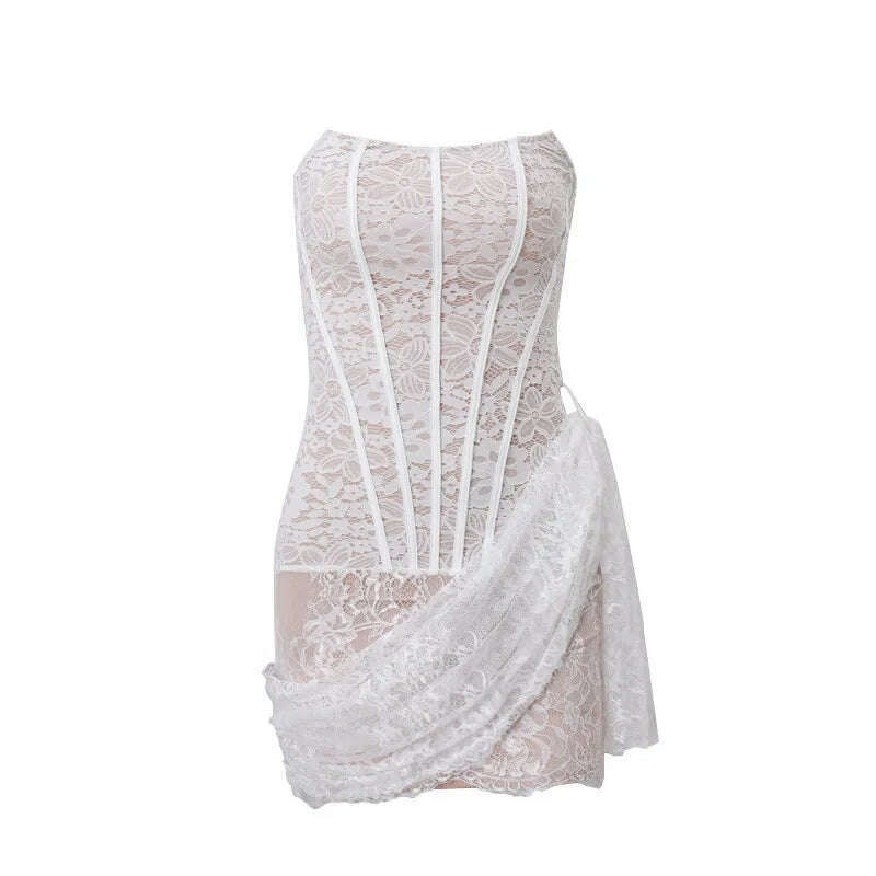 KIMLUD, QWEEK 2024 Sexy Y2k Lace White Bodycon Party Dresses Evening Off Shoulder Short Wrap Slim Skinny Mini Dress Women Spring, White / L, KIMLUD APPAREL - Womens Clothes
