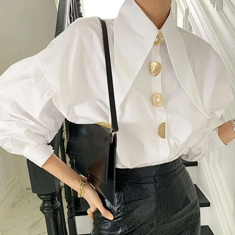 KIMLUD, QWEEK Comfort Women's Shirts Sharp Corner Lapel Fashion Lady Blouses Korean Style White All-match Long-sleeved Tops 2022 Autumn, KIMLUD Womens Clothes