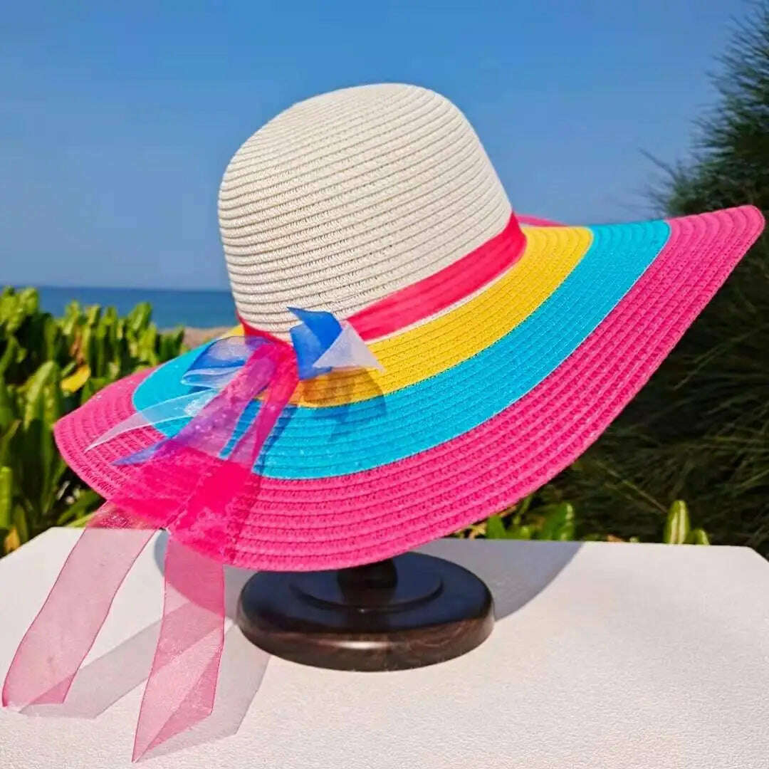 KIMLUD, Rainbow Hat Women's Colorful Big Eave Straw Hat Summer Sunscreen Sunshade Hat Tourism Sun Hat Beach Hat Wholesale, KIMLUD Womens Clothes