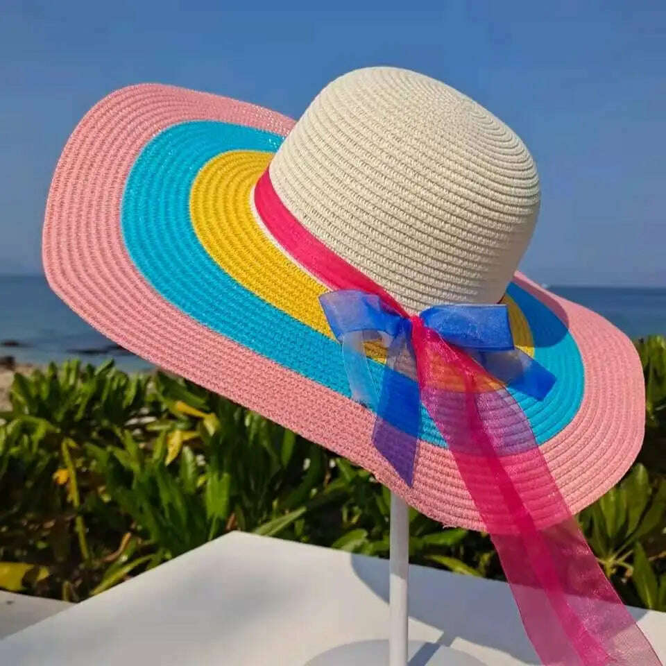 Rainbow Hat Women's Colorful Big Eave Straw Hat Summer Sunscreen Sunshade Hat Tourism Sun Hat Beach Hat Wholesale - KIMLUD
