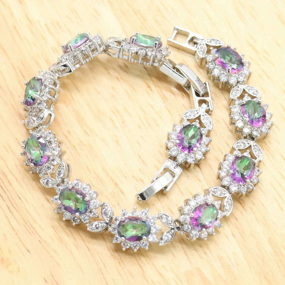 KIMLUD, Rainbow Topaz 925 Sterling Silver Jewelry Sets For Women Bracelet Earrings Necklace pendant Ring Classic Birthday Gift, KIMLUD Womens Clothes