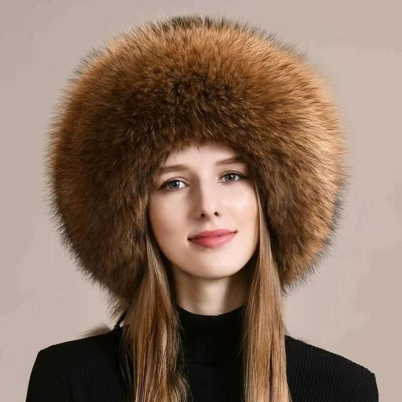 Real Fox Fur Hat For Women Winter Thickened Warm Natural Fur Princess Hat Adjustable Russians Cap Real Raccoon Fur Bomber Caps - KIMLUD