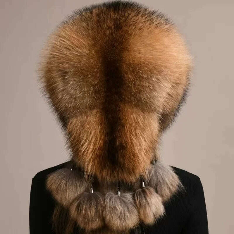 Real Fox Fur Hat For Women Winter Thickened Warm Natural Fur Princess Hat Adjustable Russians Cap Real Raccoon Fur Bomber Caps - KIMLUD