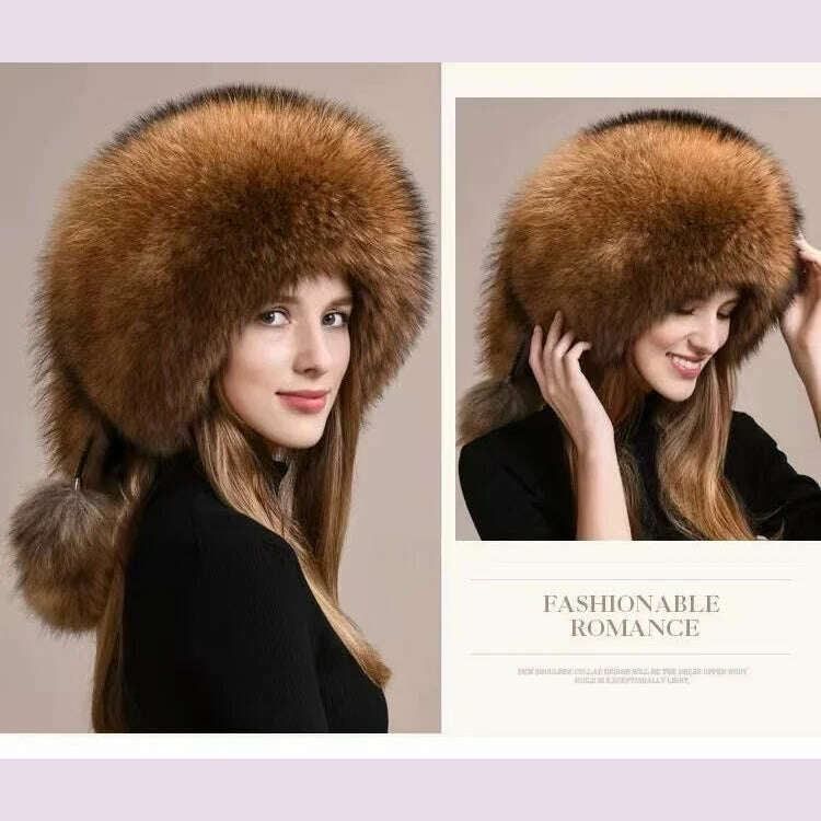 Real Fox Fur Hat For Women Winter Thickened Warm Natural Fur Princess Hat Adjustable Russians Cap Real Raccoon Fur Bomber Caps - KIMLUD
