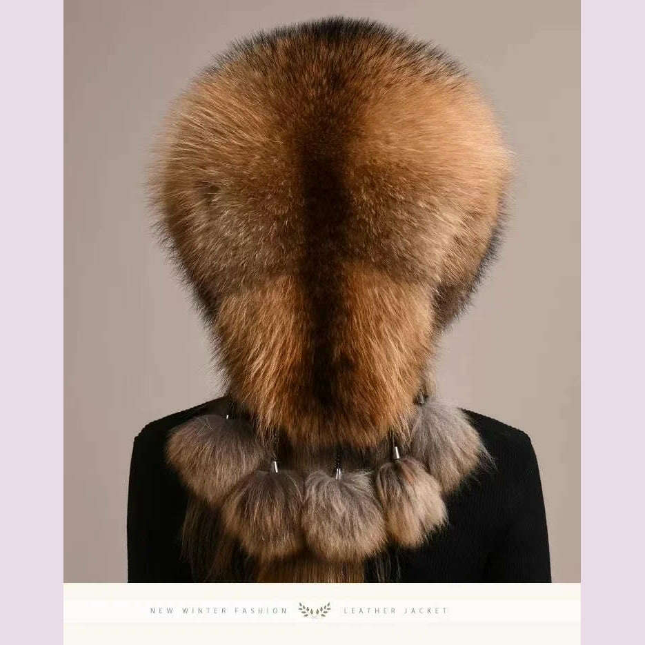 Real Fox Fur Hat For Women Winter Thickened Warm Natural Fur Princess Hat Adjustable Russians Cap Real Raccoon Fur Bomber Caps - KIMLUD