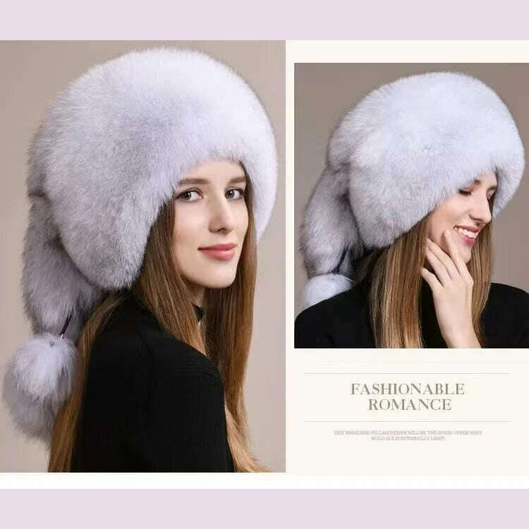 Real Fox Fur Hat For Women Winter Thickened Warm Natural Fur Princess Hat Adjustable Russians Cap Real Raccoon Fur Bomber Caps - KIMLUD