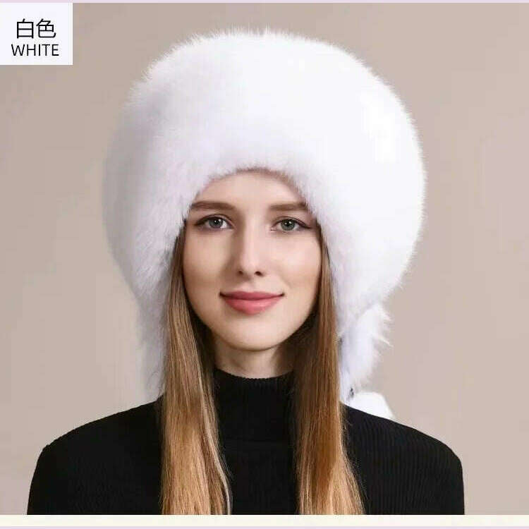 Real Fox Fur Hat For Women Winter Thickened Warm Natural Fur Princess Hat Adjustable Russians Cap Real Raccoon Fur Bomber Caps - KIMLUD