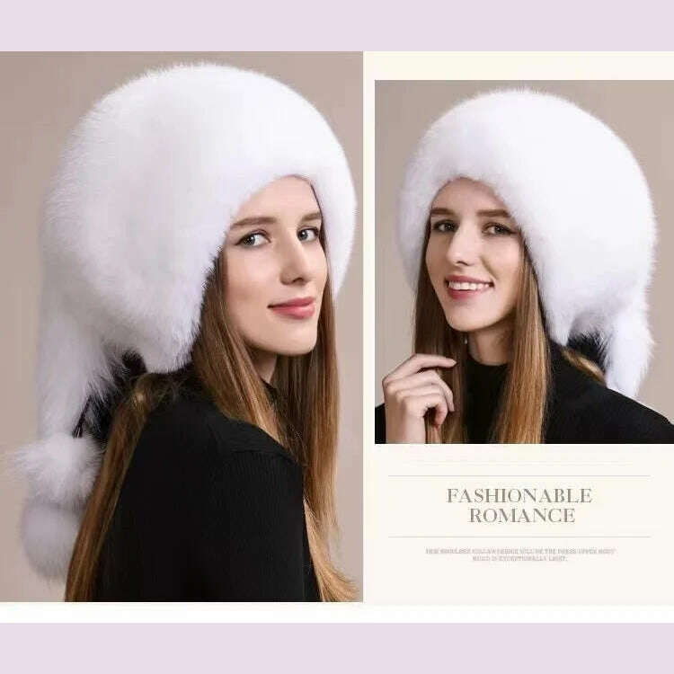 Real Fox Fur Hat For Women Winter Thickened Warm Natural Fur Princess Hat Adjustable Russians Cap Real Raccoon Fur Bomber Caps - KIMLUD