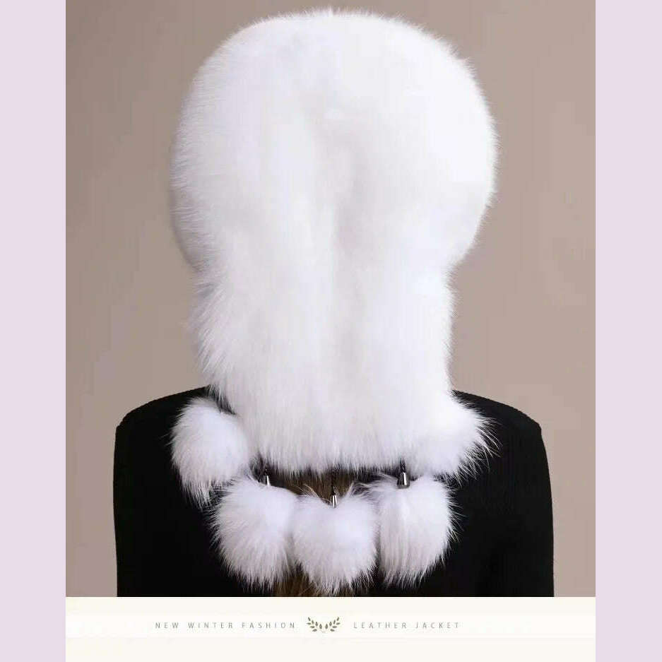 Real Fox Fur Hat For Women Winter Thickened Warm Natural Fur Princess Hat Adjustable Russians Cap Real Raccoon Fur Bomber Caps - KIMLUD