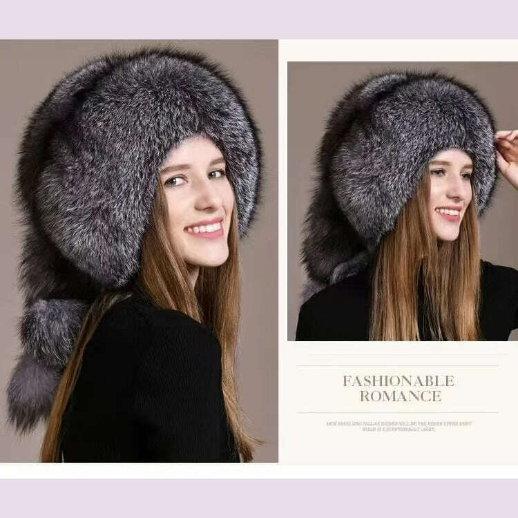 Real Fox Fur Hat For Women Winter Thickened Warm Natural Fur Princess Hat Adjustable Russians Cap Real Raccoon Fur Bomber Caps - KIMLUD