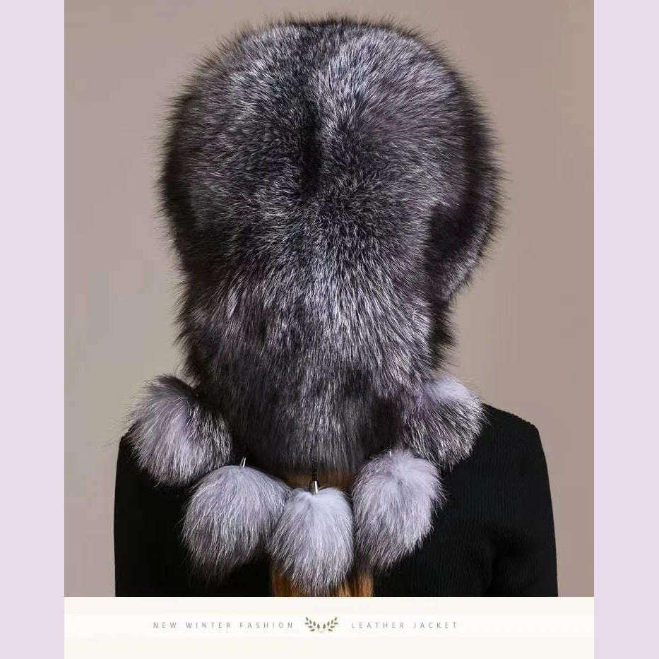 Real Fox Fur Hat For Women Winter Thickened Warm Natural Fur Princess Hat Adjustable Russians Cap Real Raccoon Fur Bomber Caps - KIMLUD