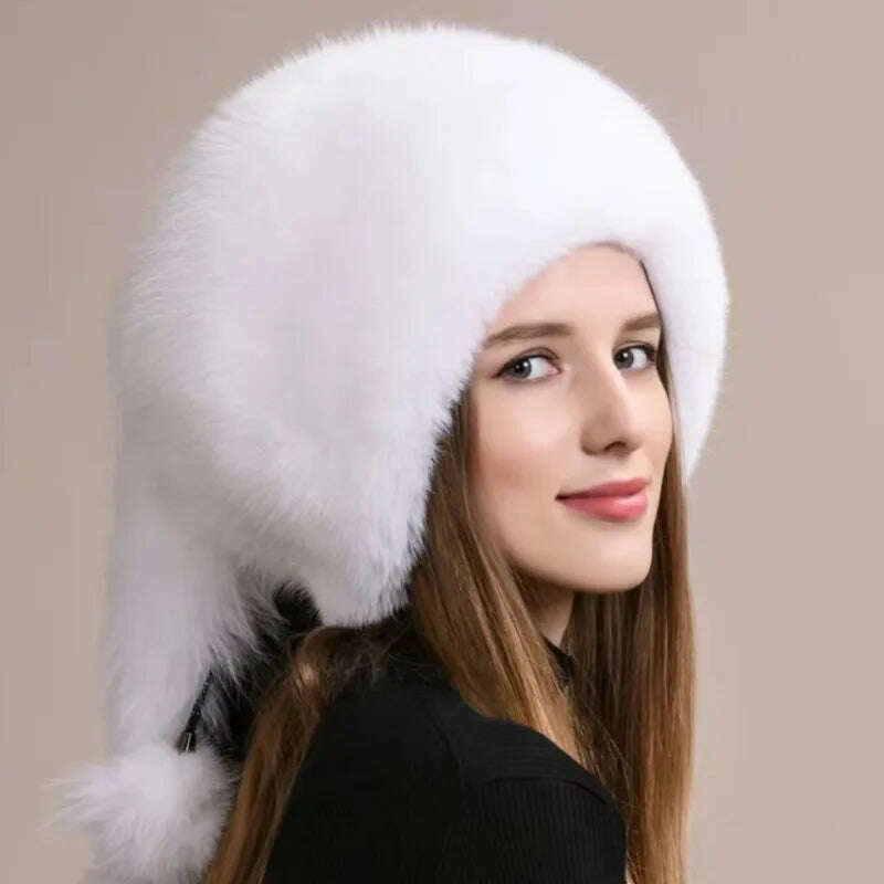 Real Fox Fur Hat For Women Winter Thickened Warm Natural Fur Princess Hat Adjustable Russians Cap Real Raccoon Fur Bomber Caps - KIMLUD