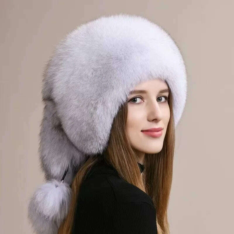 Real Fox Fur Hat For Women Winter Thickened Warm Natural Fur Princess Hat Adjustable Russians Cap Real Raccoon Fur Bomber Caps - KIMLUD