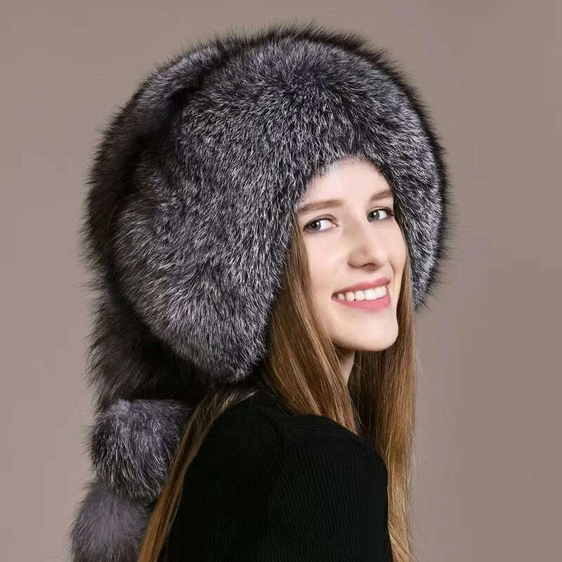 Real Fox Fur Hat For Women Winter Thickened Warm Natural Fur Princess Hat Adjustable Russians Cap Real Raccoon Fur Bomber Caps - KIMLUD