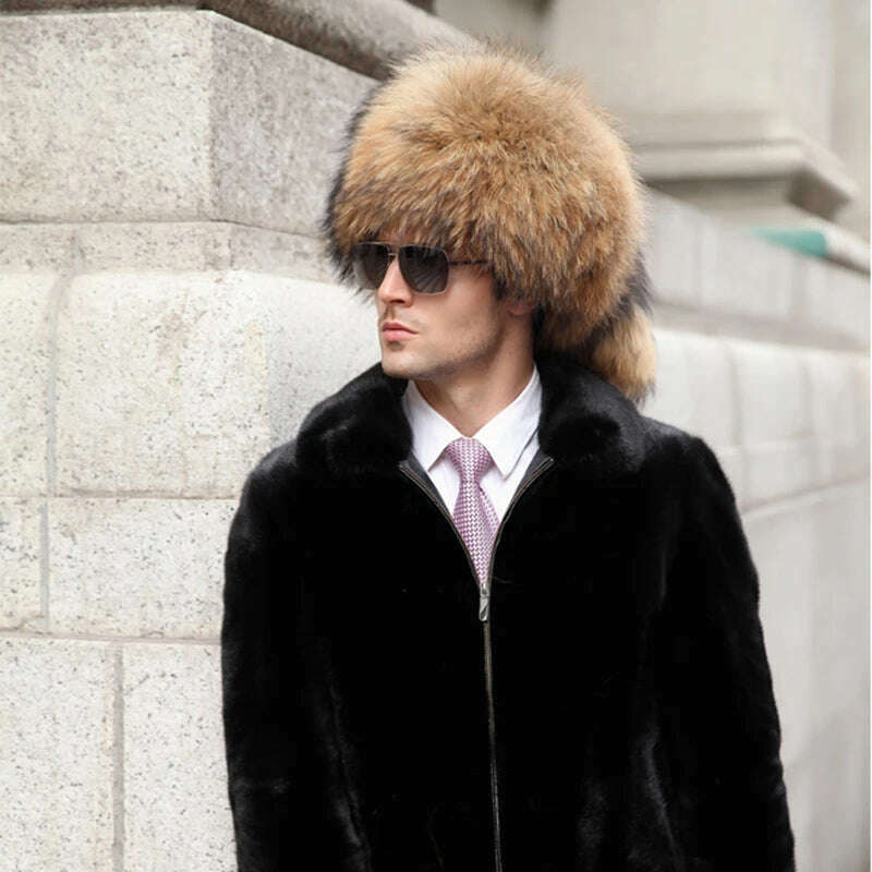 KIMLUD, Real Fur 100% Fox Skin Russian Businessmen Pilot Bombers Full Mao Men's hat Ushanka Winter Ear Guard Hat Raccoon Fur Cap, KIMLUD Womens Clothes