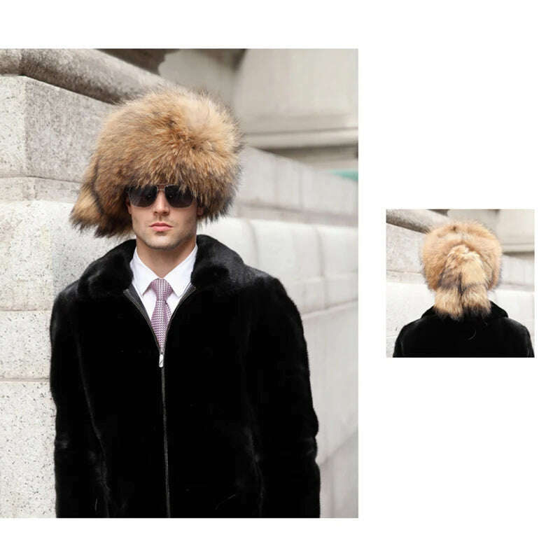 KIMLUD, Real Fur 100% Fox Skin Russian Businessmen Pilot Bombers Full Mao Men's hat Ushanka Winter Ear Guard Hat Raccoon Fur Cap, KIMLUD Womens Clothes