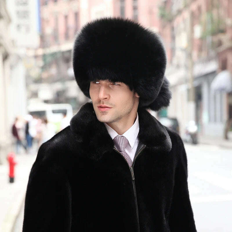 KIMLUD, Real Fur 100% Fox Skin Russian Businessmen Pilot Bombers Full Mao Men's hat Ushanka Winter Ear Guard Hat Raccoon Fur Cap, KIMLUD Womens ClothesKIMLUD, Real Fur 100% Fox Skin Russian Businessmen Pilot Bombers Full Mao Men's hat Ushanka Winter Ear Guard Hat Raccoon Fur Cap, black / 53-60cm, KIMLUD APPAREL - Womens Clothes