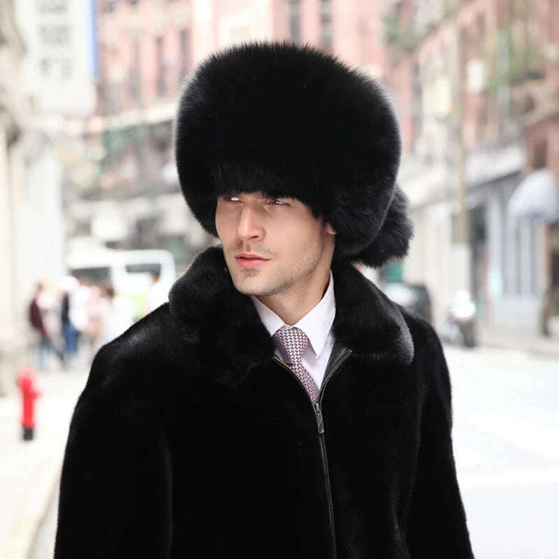 KIMLUD, Real Fur 100% Fox Skin Russian Businessmen Pilot Bombers Full Mao Men's hat Ushanka Winter Ear Guard Hat Raccoon Fur Cap, black / 53-60cm, KIMLUD Womens Clothes