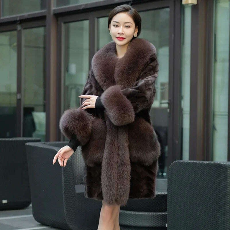 KIMLUD, Real Mink Fur Coats Women New Winter Coat with Fox Fur Collar 4XL Large Size Women s Clothing, Brown / M 42-50kg, KIMLUD APPAREL - Womens Clothes