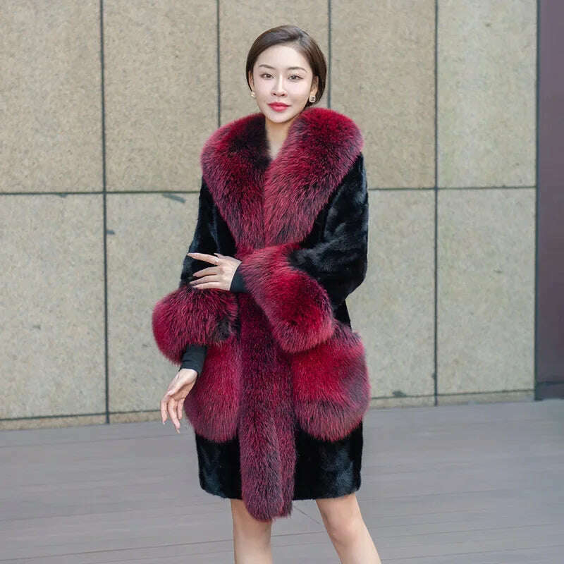 KIMLUD, Real Mink Fur Coats Women New Winter Coat with Fox Fur Collar 4XL Large Size Women s Clothing, Wine red / M 42-50kg, KIMLUD APPAREL - Womens Clothes