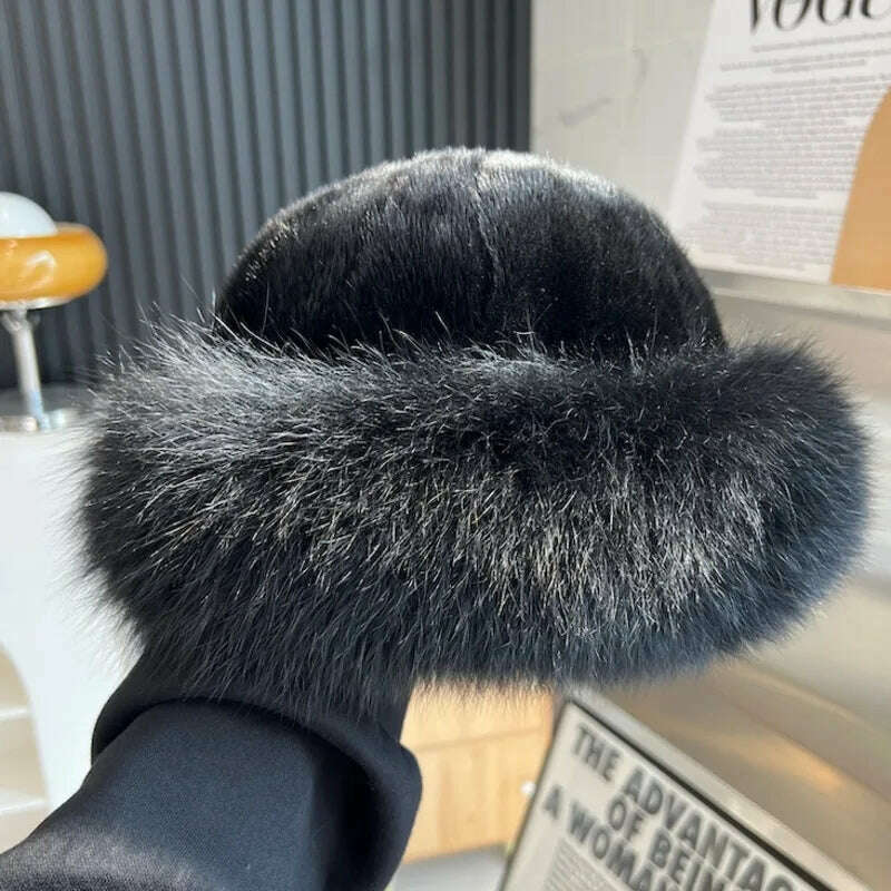 Real Mink Fur Hat For Women Winter Natural Mink Fur Hat With Fox Fur Brim Female Fashion Fisherman Hat Thicked Fur Bomber Hats - KIMLUD