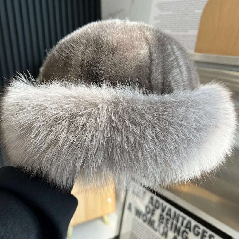 Real Mink Fur Hat For Women Winter Natural Mink Fur Hat With Fox Fur Brim Female Fashion Fisherman Hat Thicked Fur Bomber Hats - KIMLUD