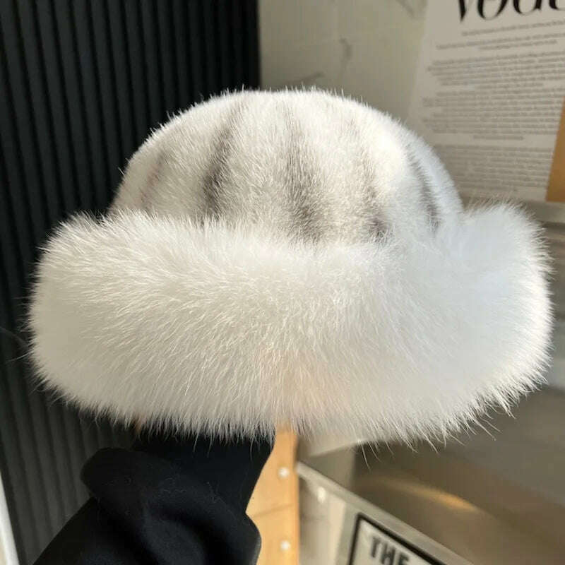 Real Mink Fur Hat For Women Winter Natural Mink Fur Hat With Fox Fur Brim Female Fashion Fisherman Hat Thicked Fur Bomber Hats - KIMLUD