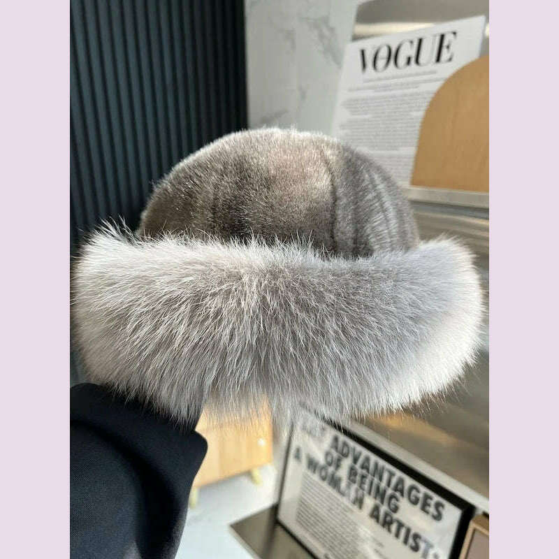 Real Mink Fur Hat For Women Winter Natural Mink Fur Hat With Fox Fur Brim Female Fashion Fisherman Hat Thicked Fur Bomber Hats - KIMLUD